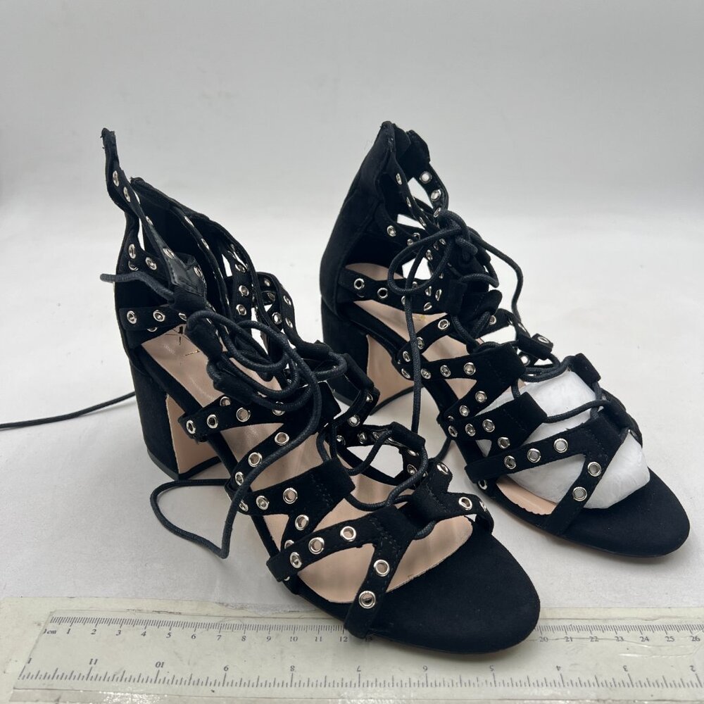 XYD Black Gladiator Caged Block Heel Sandal Open Toe Grommets Straps Zipper Shoe - Picture 4 of 8